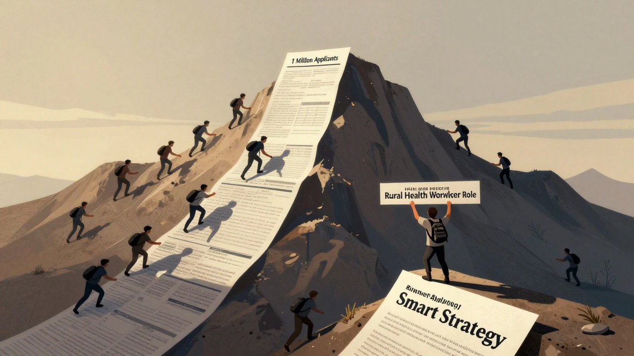 A lone applicant climbs a mountain of applications to reach a less competitive government job role.
