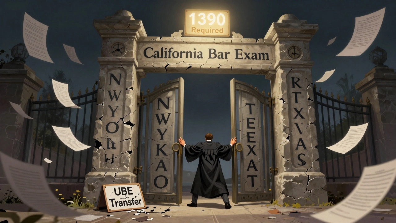 A massive stone gate labeled &#039;California Bar Exam&#039; with a lone figure pushing against it, surrounded by legal documents.