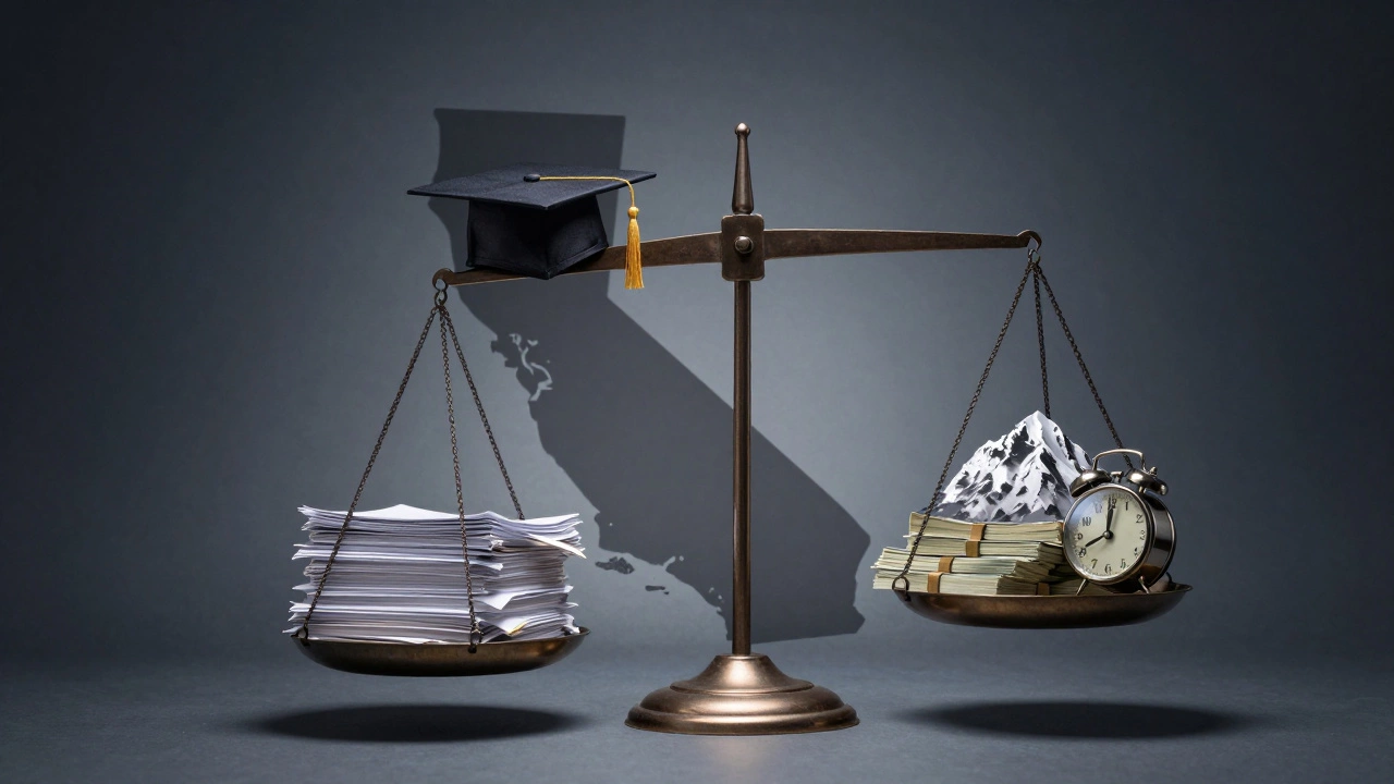 A scale tipping under the weight of legal materials, with California&#039;s outline in shadow behind it.