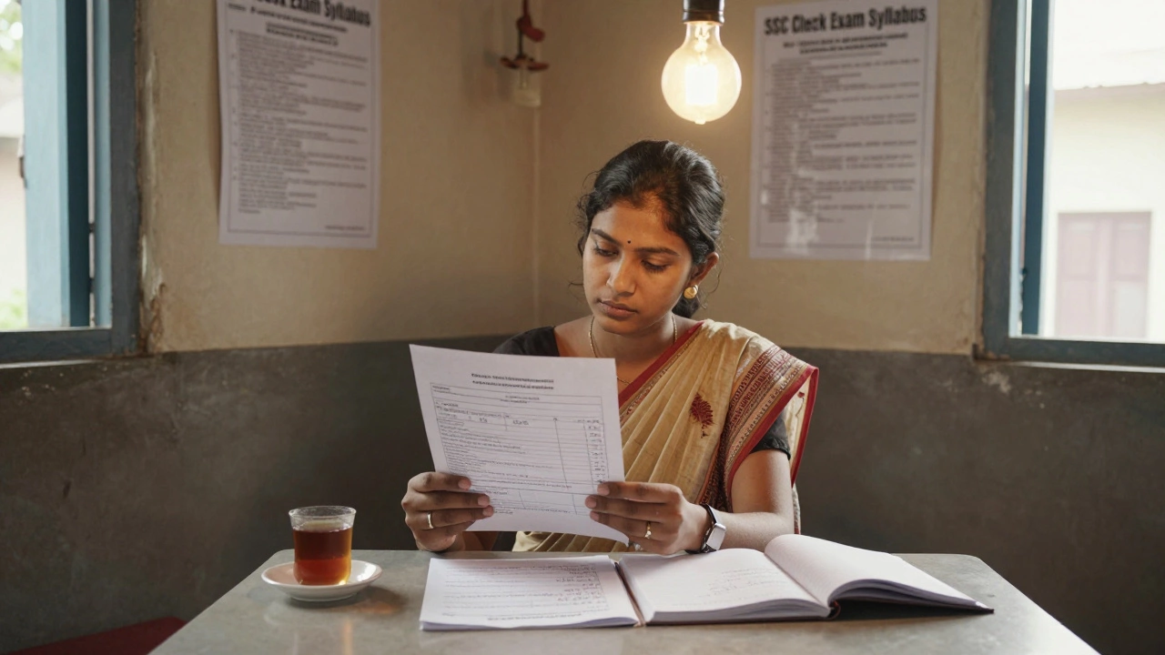 A woman studies for a government exam in a rural community center with handwritten notes.