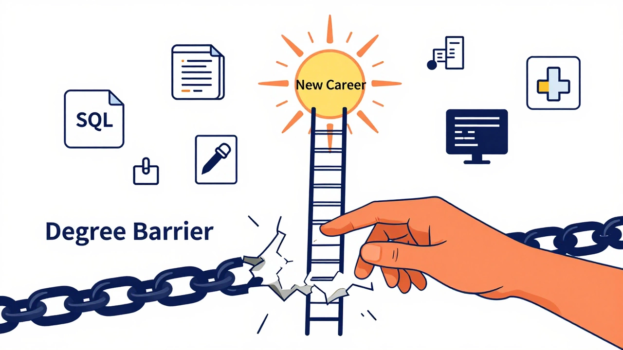 Broken degree chain replaced by Google certificate ladder leading to sun, with tech tool icons floating around.