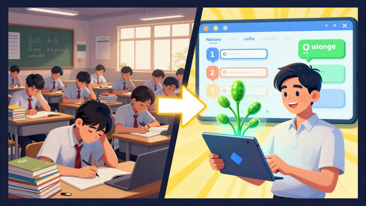 Contrast between crowded Kota coaching center and a student engaging with animated biology lessons on a tablet.