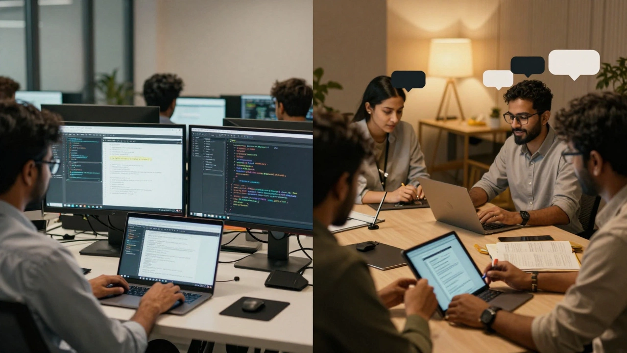 Developers coding alongside learners using devices to access live online classes.