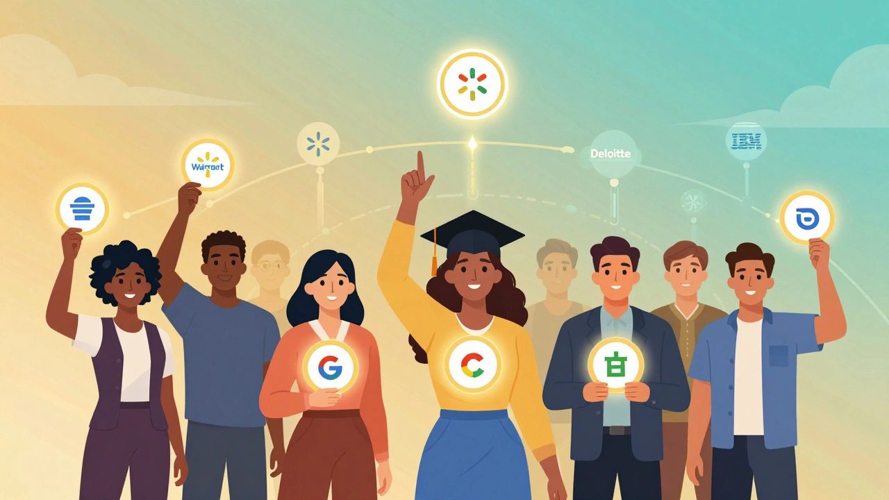 Diverse people holding glowing Google certificates with employer icons in background, symbolizing career opportunities.