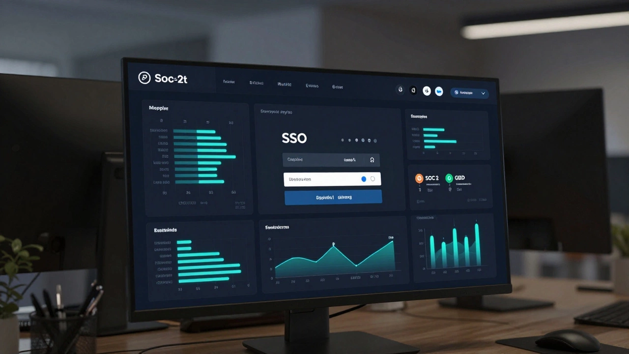 Enterprise eLearning dashboard with compliance badges and multi-language controls.