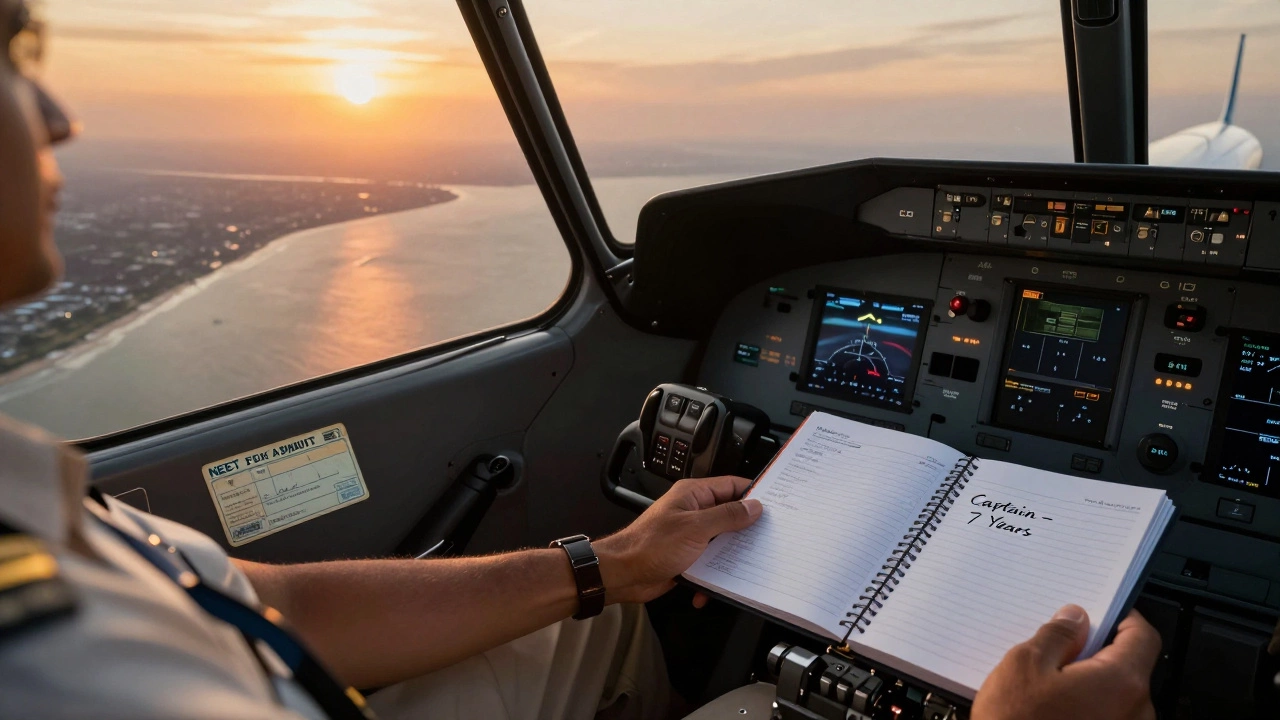 Pilot in cockpit at sunset, Indian coastline below, NEET card tucked away in drawer.