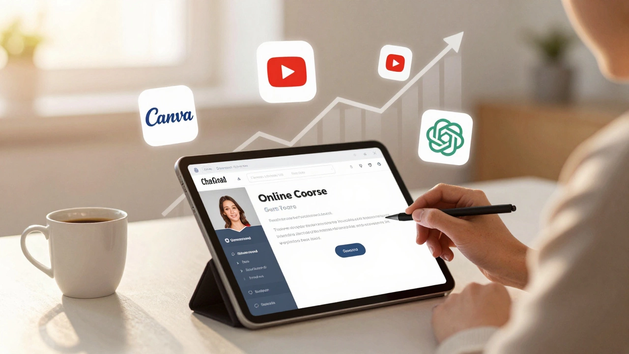 Someone creating an online course with digital tools like Canva and ChatGPT floating around them.