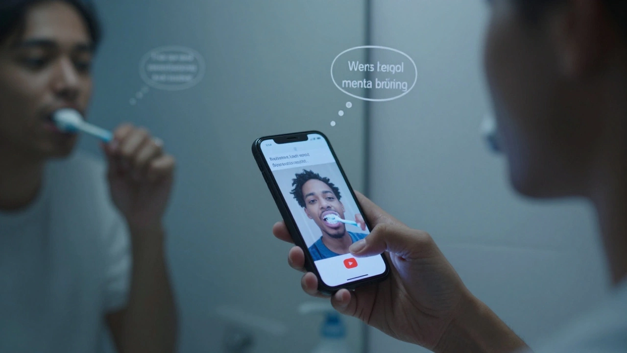 Someone repeating English phrases while brushing teeth, phone playing a language video.