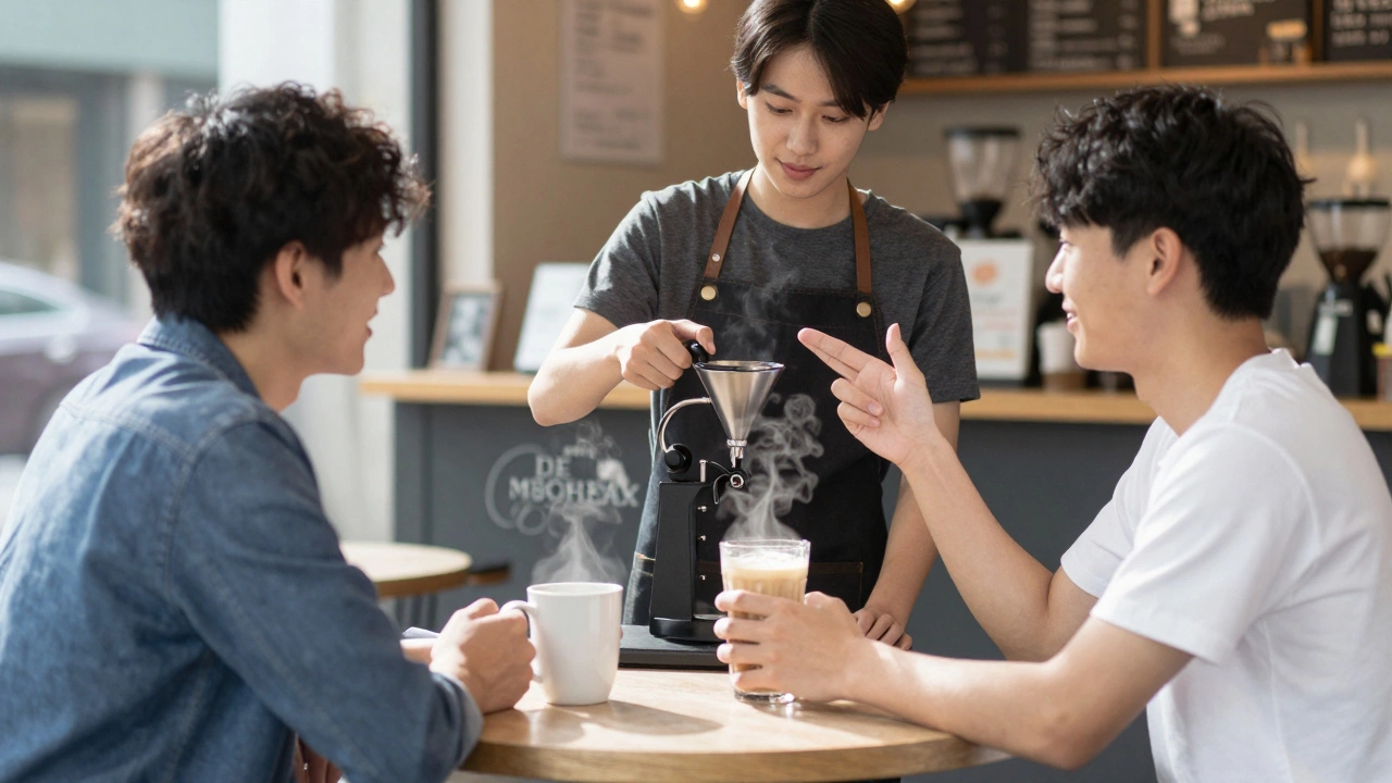 Two learners practicing a coffee order at a café, smiling and gesturing naturally.