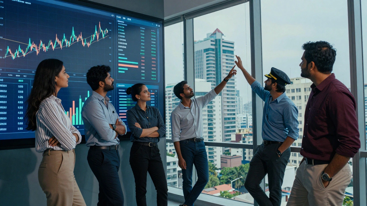 Young professionals collaborating in a high-rise office with data dashboards and city skyline view.