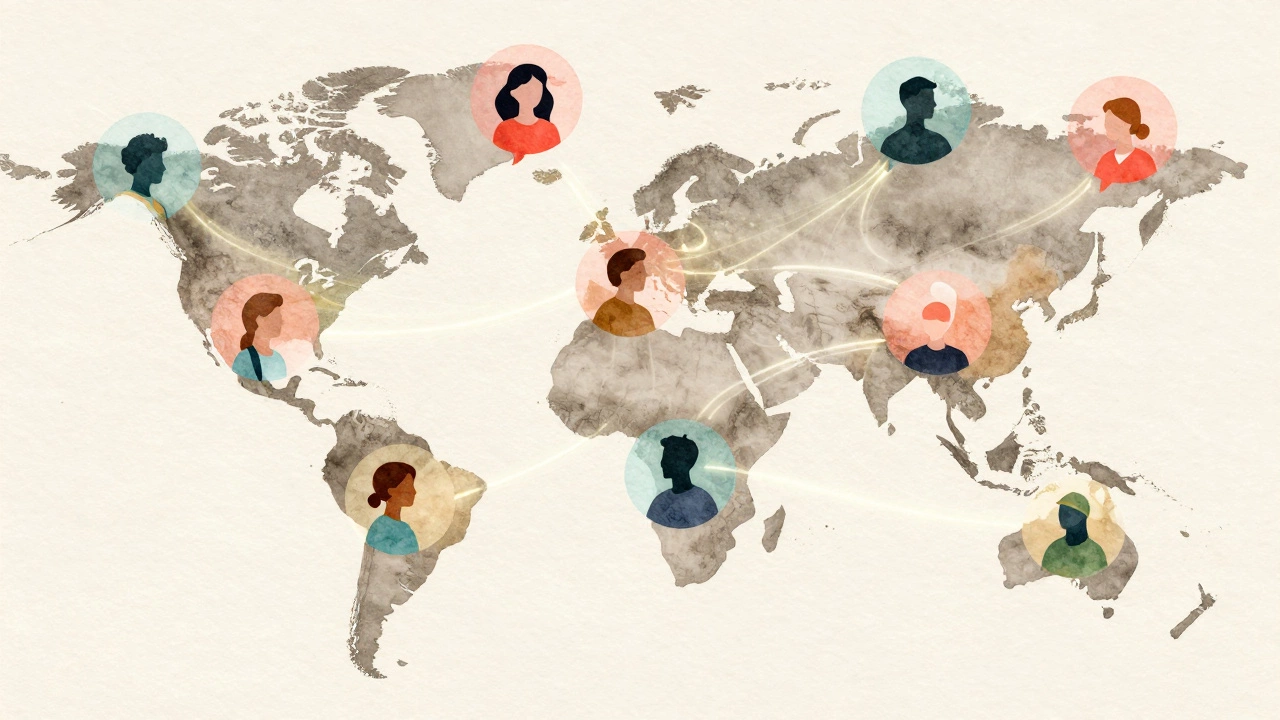A global network of voice bubbles connecting people from different countries in a watercolor-style illustration.