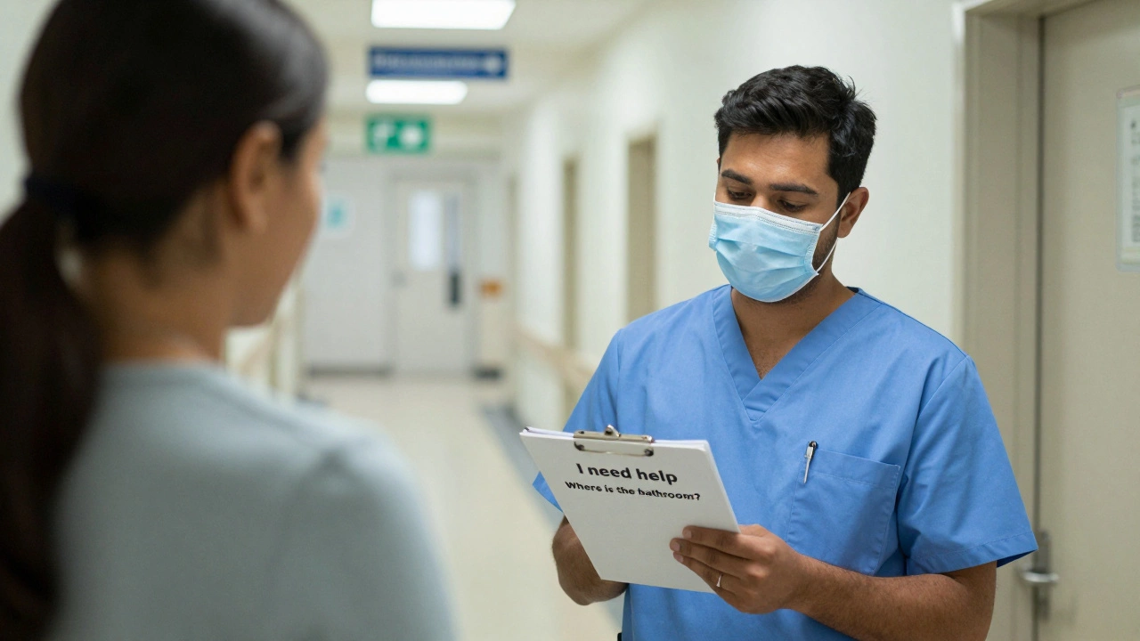A hospital worker practicing essential English phrases with a native speaker in a hallway.
