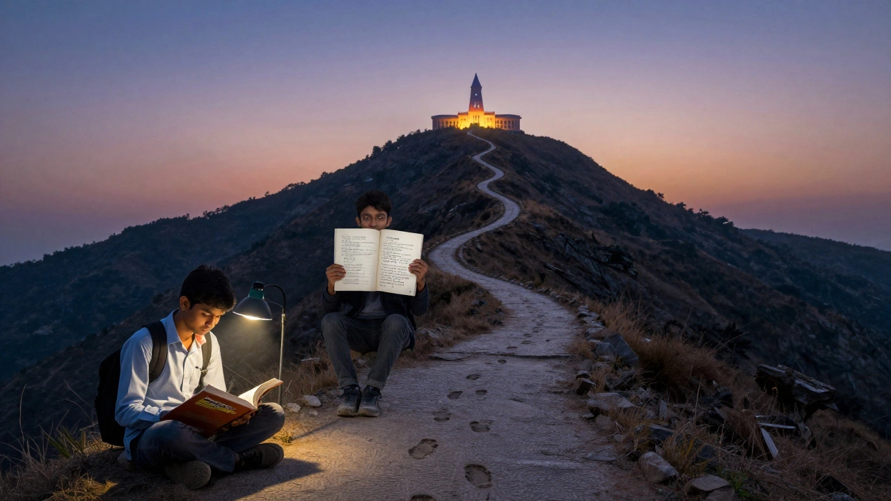 A mountain path symbolizing the JEE journey, from studying at the base to reaching an IIT at the peak.