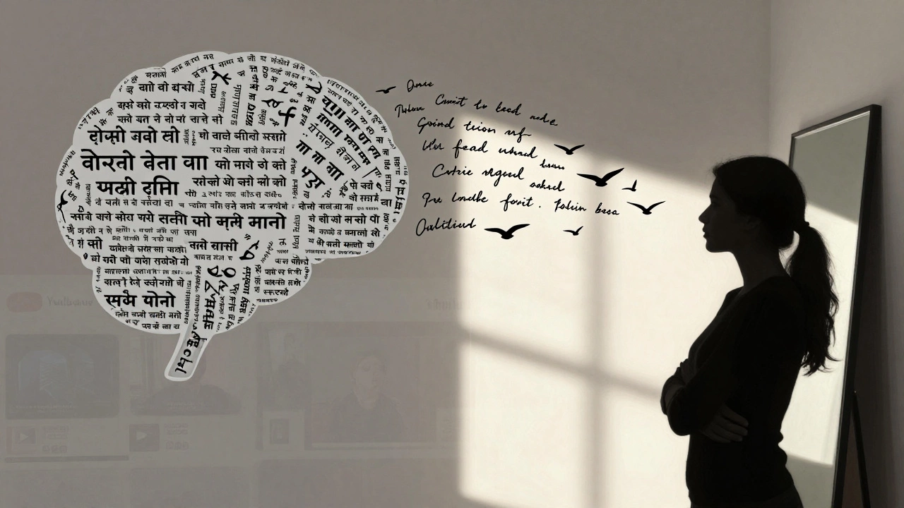A person's mind shifting from translated thoughts to fluent English, with birds symbolizing clear speech.
