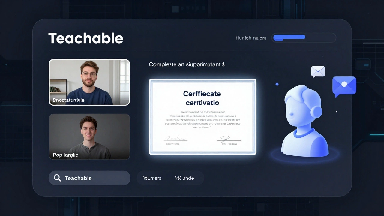 Automated course completion on Teachable with digital certificate and AI workflow indicators.