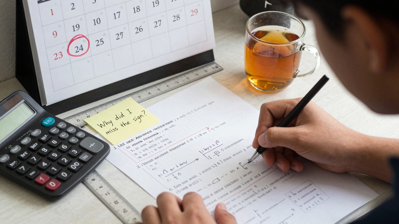 Hands solving a complex physics problem with corrections and a sticky note pointing out a mistake.