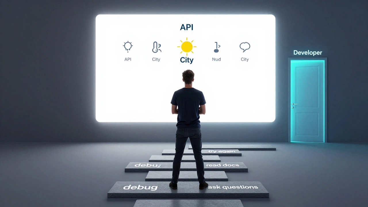 Person viewing a weather app with guiding steps like 'debug' and 'read docs' leading to a developer door.