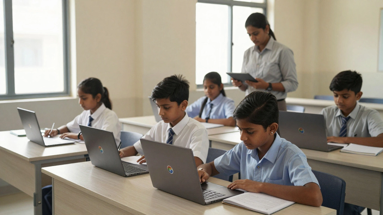 Students in an Indian school submitting assignments through Google Classroom on Chromebooks.