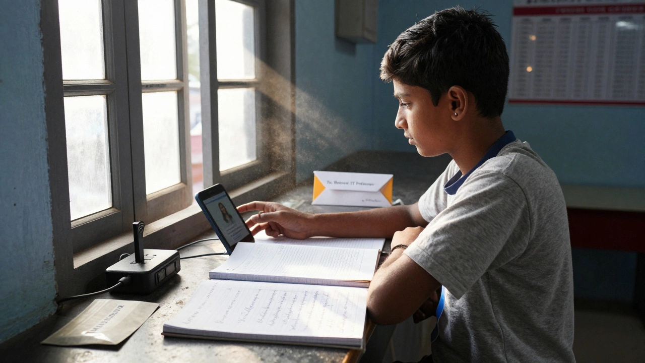 A boy downloads free JEE lectures at a rural post office, holding a used workbook and a notebook filled with solutions.