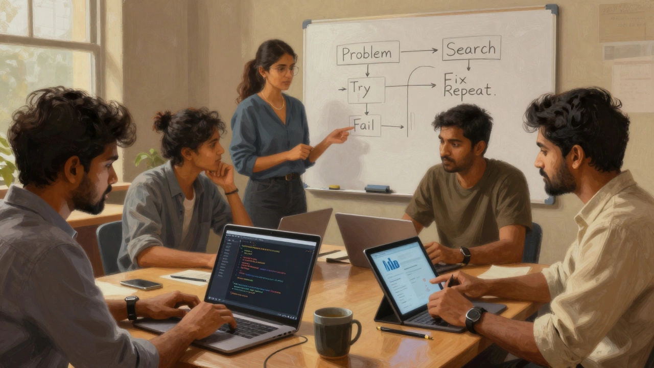 A diverse group of self-taught coders in a co-working space, collaborating and uploading projects to GitHub in a quiet, supportive environment.