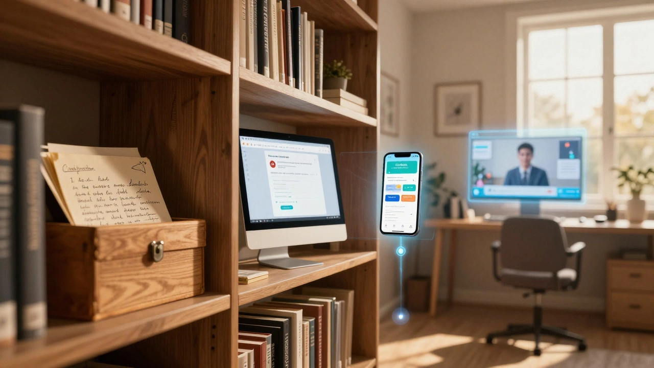 A timeline from vintage correspondence courses to modern holographic classrooms, shown on a shelf transitioning into a home office.