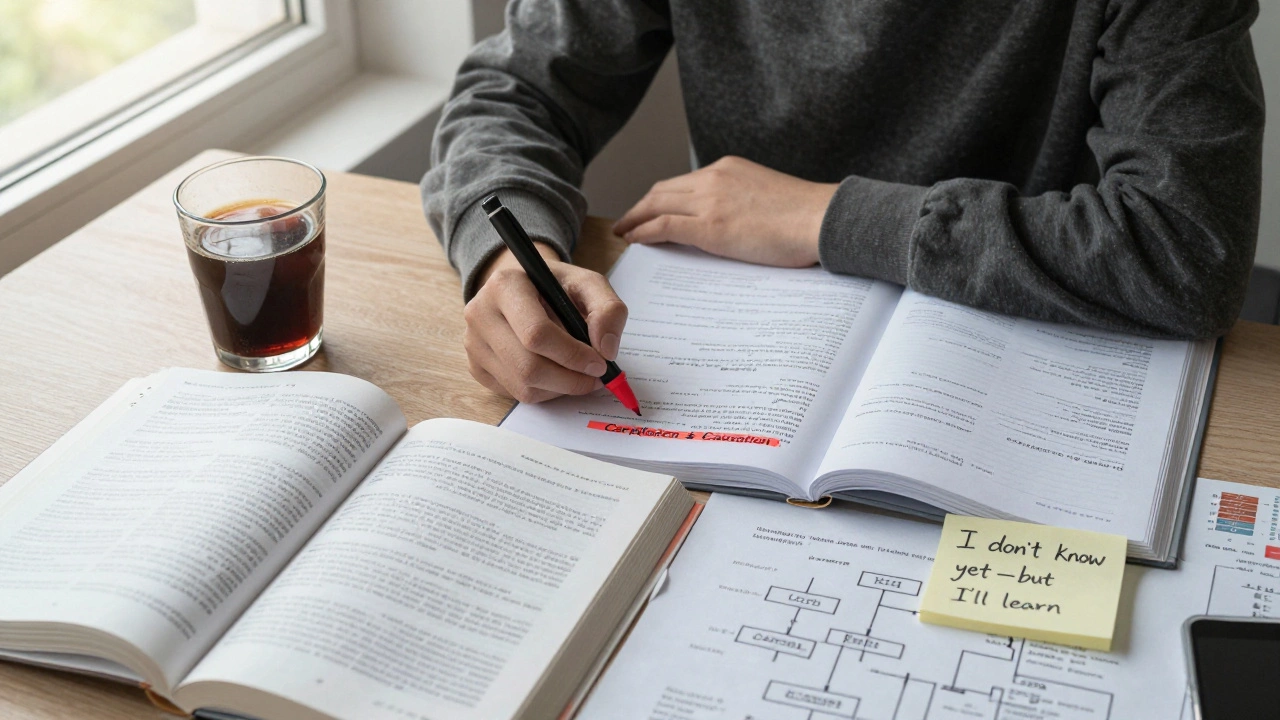 A tired student at dawn surrounded by accounting and statistics books,晨光 highlighting a handwritten note.