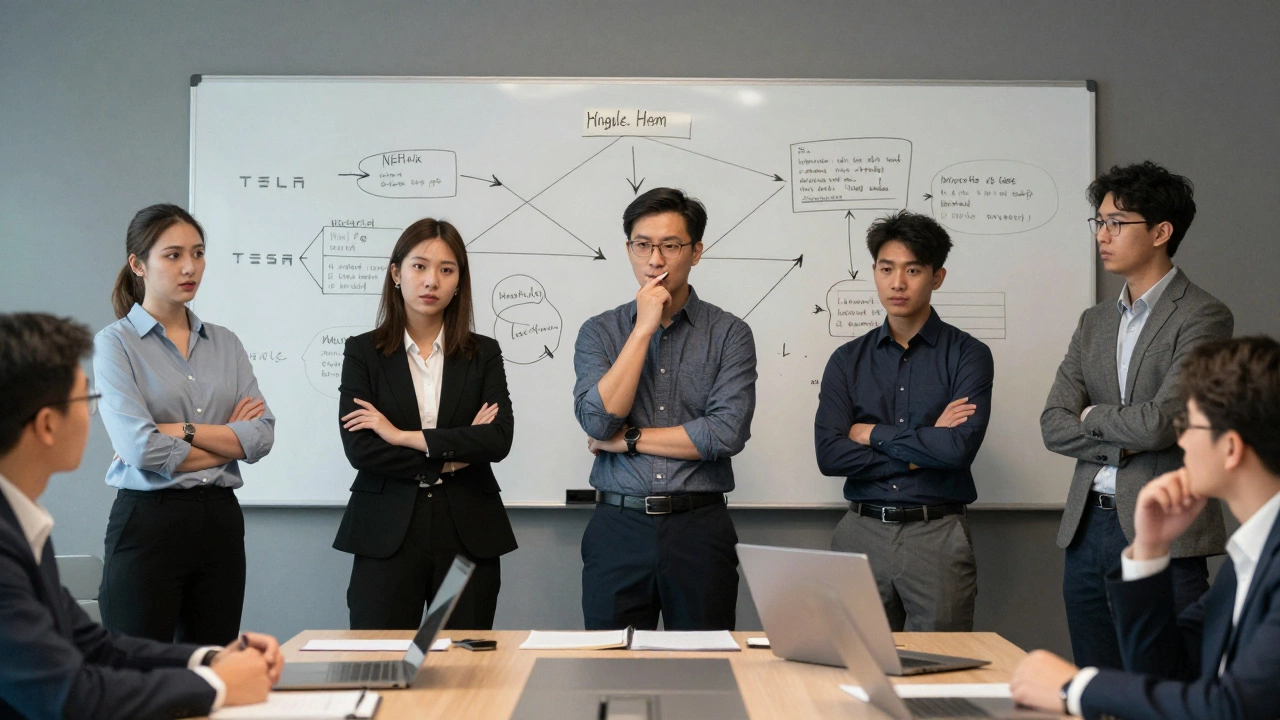 MBA students presenting a complex business strategy to a panel of executives in a modern boardroom.