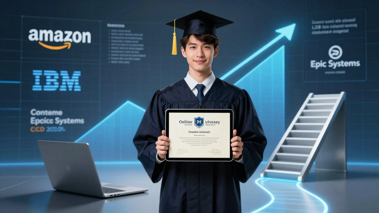 Person holding online degree certificate with digital job market graphics and company logos in background.