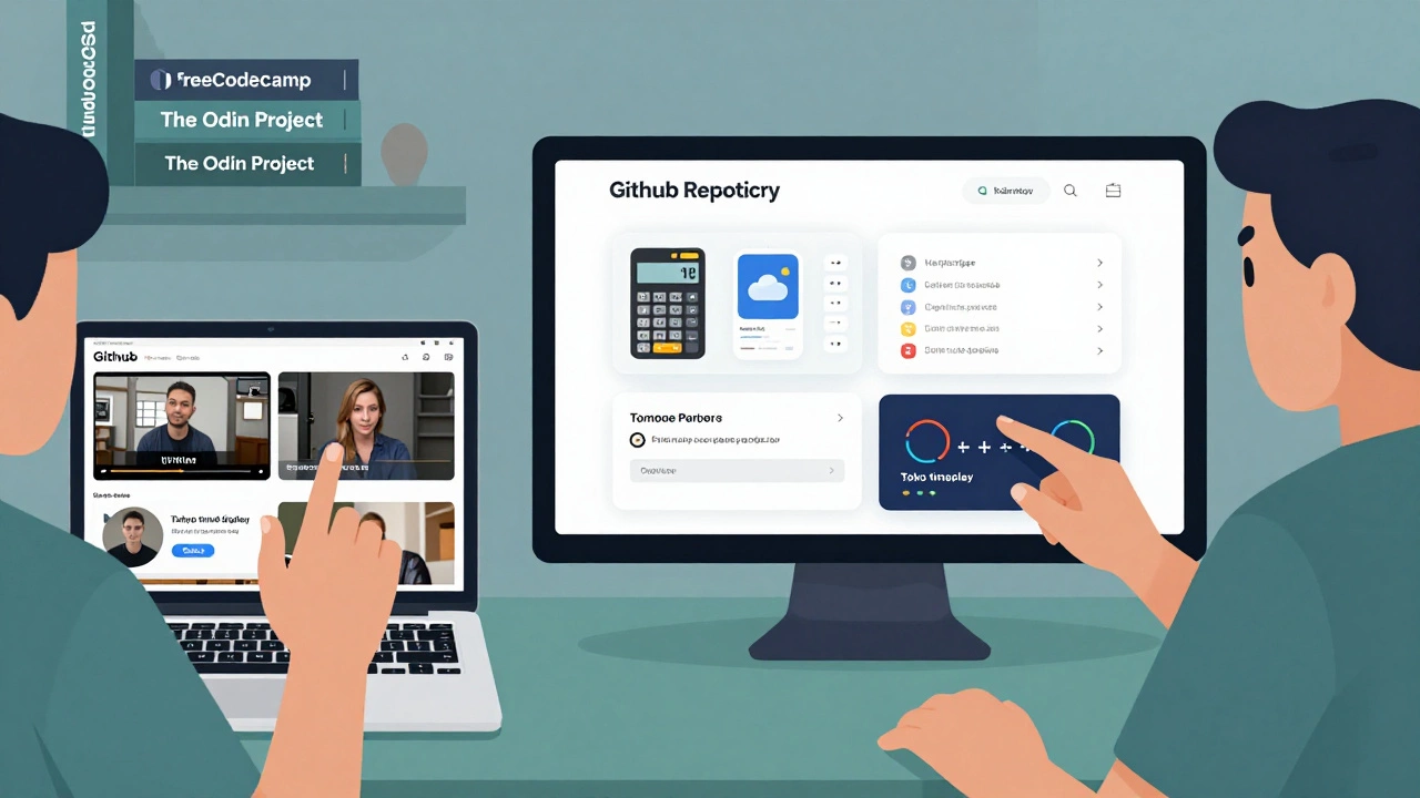 Split-screen showing the journey from passive learning to confidently presenting working code projects on GitHub.