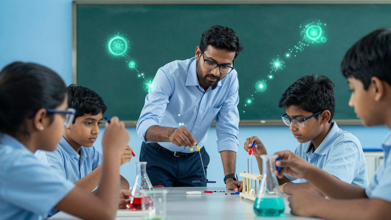 STEM teacher conducting science experiment with students, abstract learning particles.