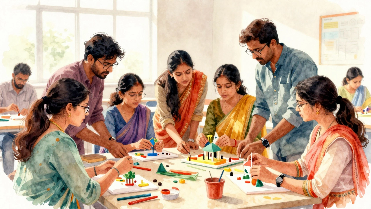 Teachers in workshop building educational models, collaborative environment.