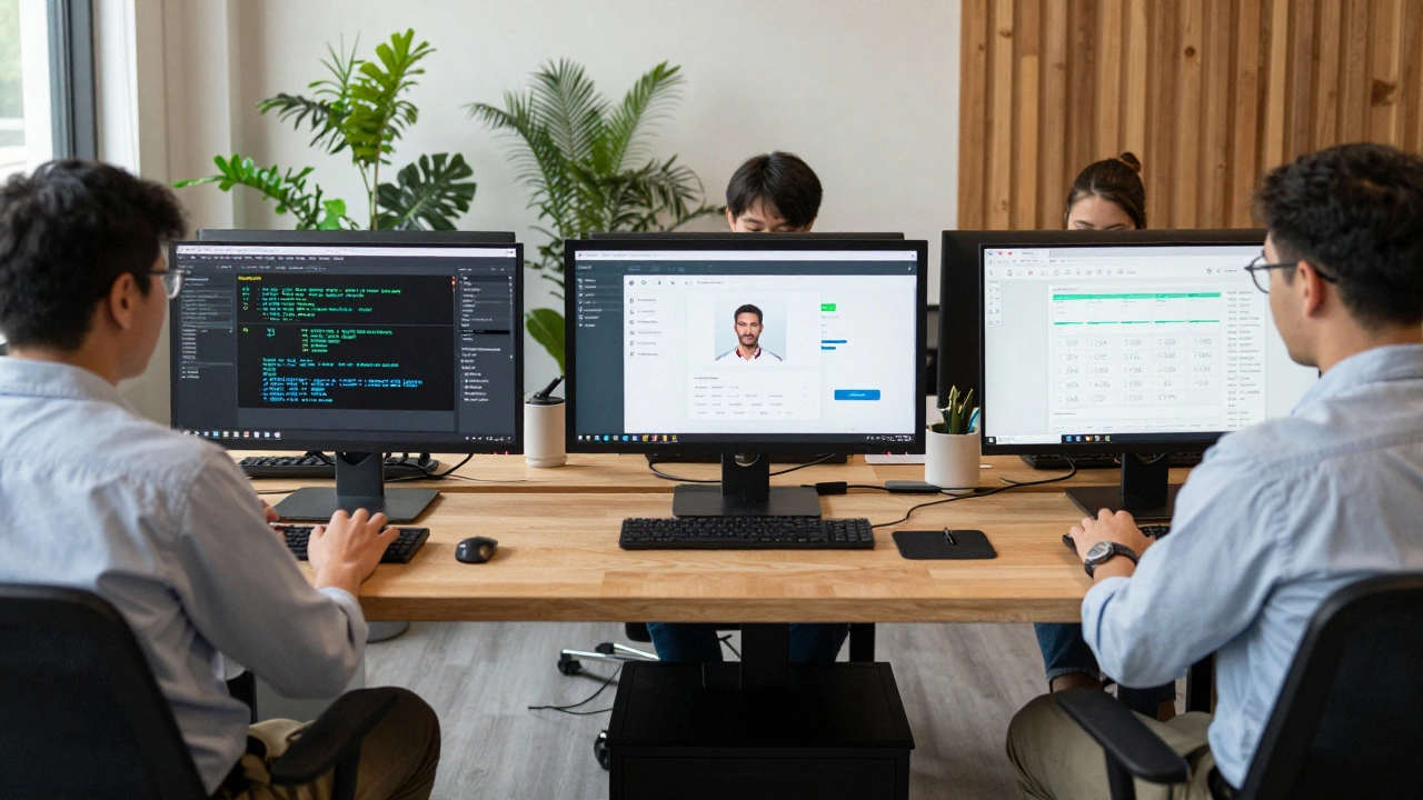 Three workstations showcasing computer science, health informatics, and project management tasks side by side.