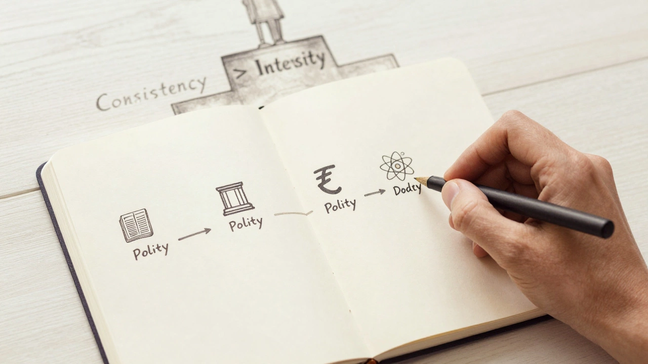 A 90-day study journey with daily habits marked by icons of key exam subjects.