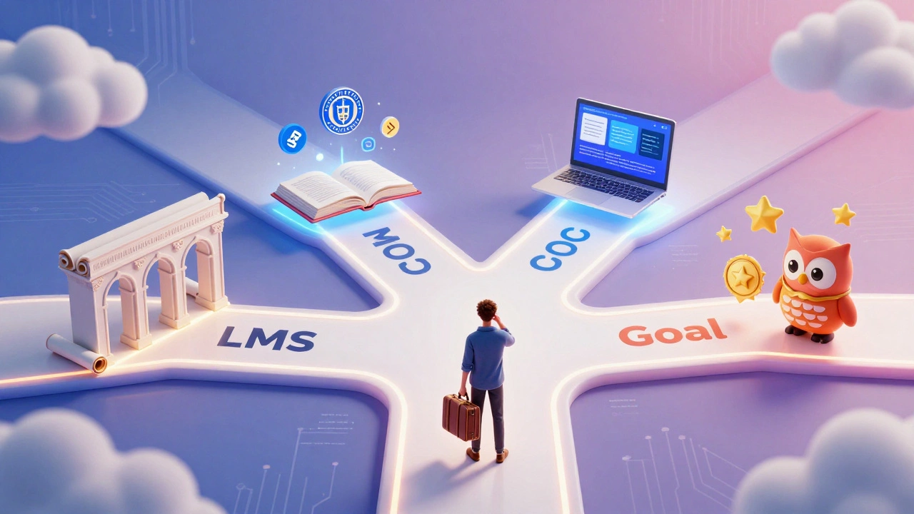 A person at a crossroads with four glowing digital paths representing different e-learning platforms: institutional, university, job-skills, and gamified learning.