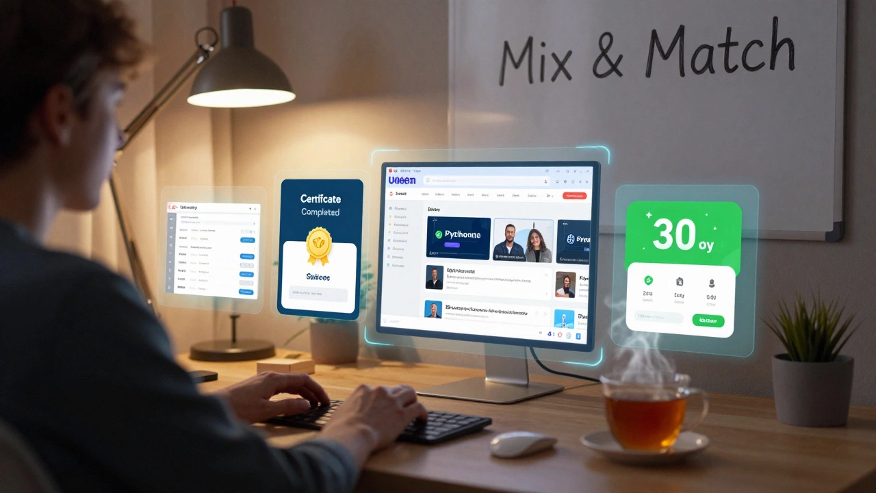 A person in a home office surrounded by four floating holograms of different e-learning platforms, with a warm, cozy atmosphere and a 30-day streak on a mobile app.