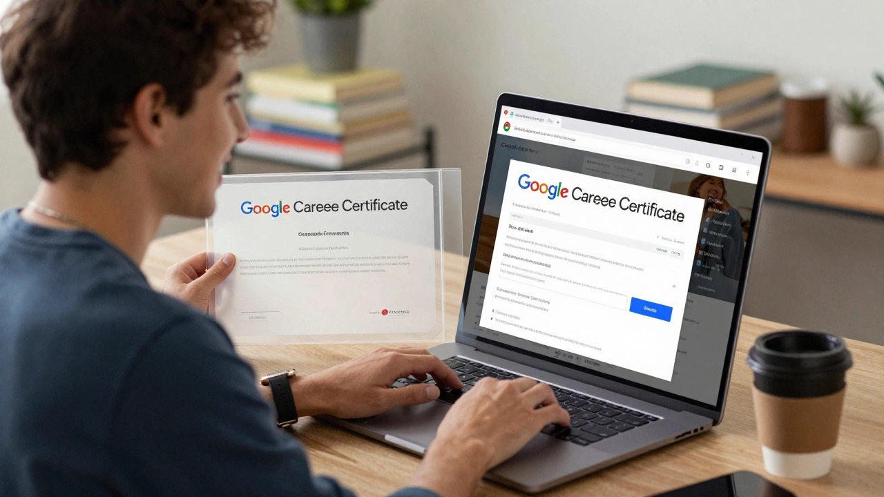 A young professional holding a Google Career Certificate while surrounded by digital icons of Search, YouTube, and Forms.