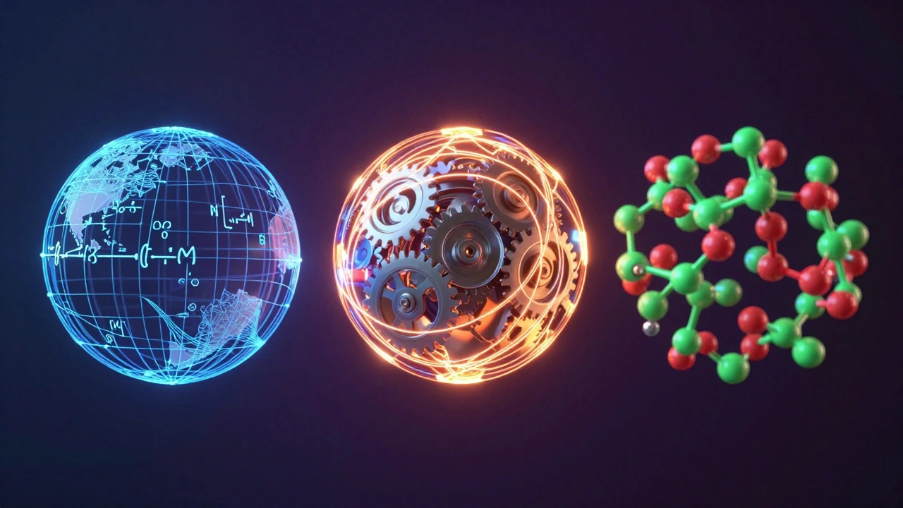 Abstract spheres representing math, physics, and chemistry concepts