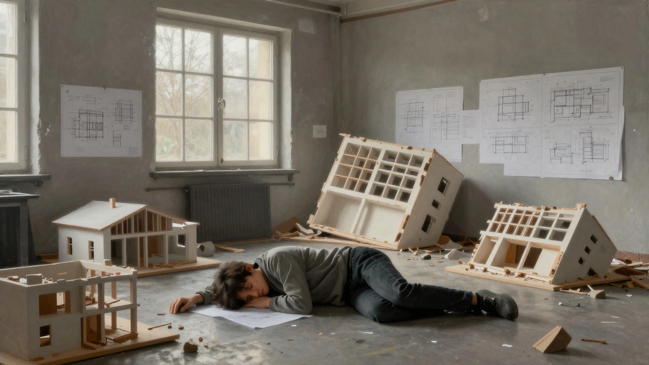 An architecture student asleep on the studio floor amid collapsed model structures.