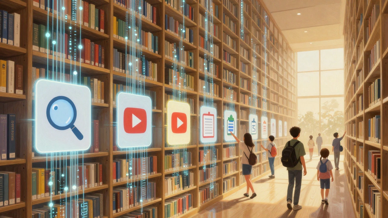 An infinite library made of Google icons, with learners walking among glowing data streams representing knowledge.
