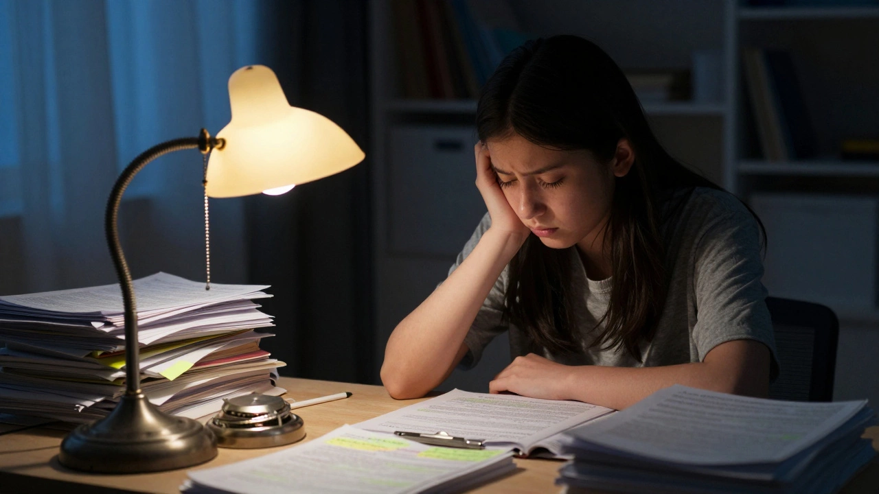Dedicated student reviewing notes under a lamp at night