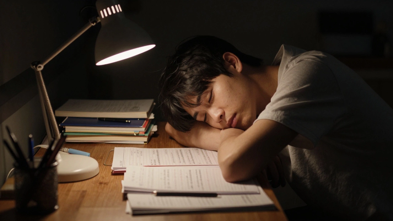Exhausted student studying alone at a desk late at night under a lamp.