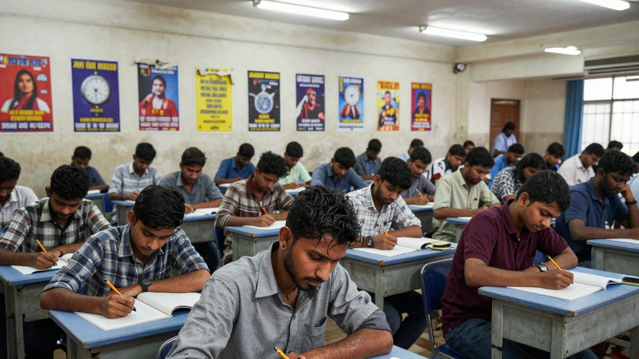 Hundreds of students taking the IIT entrance exam under intense fluorescent lighting.