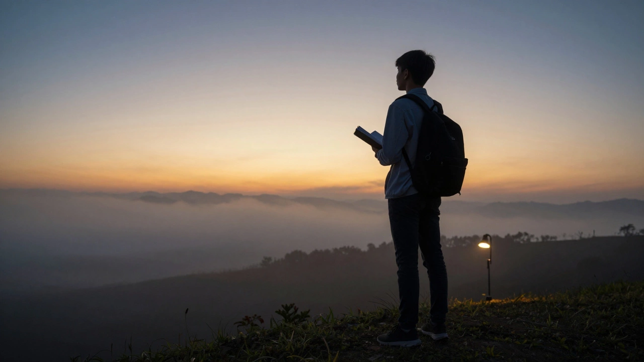 Student standing on hill at dawn looking at sunrise
