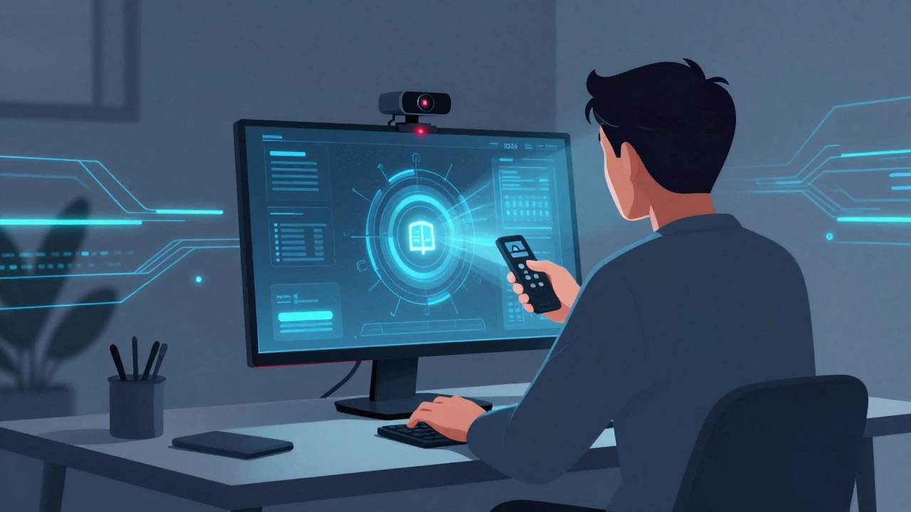 Student taking an online exam with a webcam glowing in a home office.