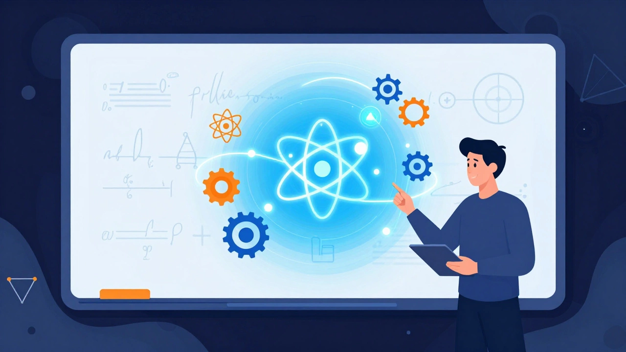 Teacher illustrating science concepts on a glowing whiteboard