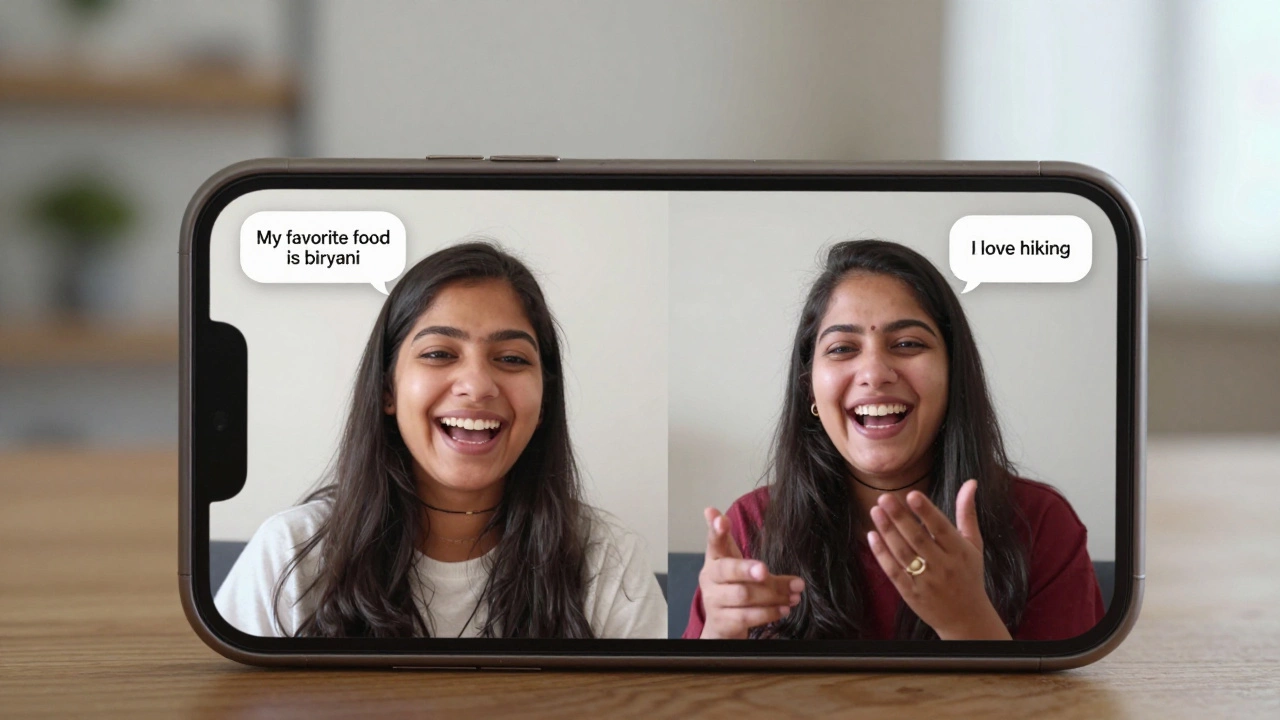 Two people on a video call exchanging language practice, smiling and speaking naturally in English and their native tongue.