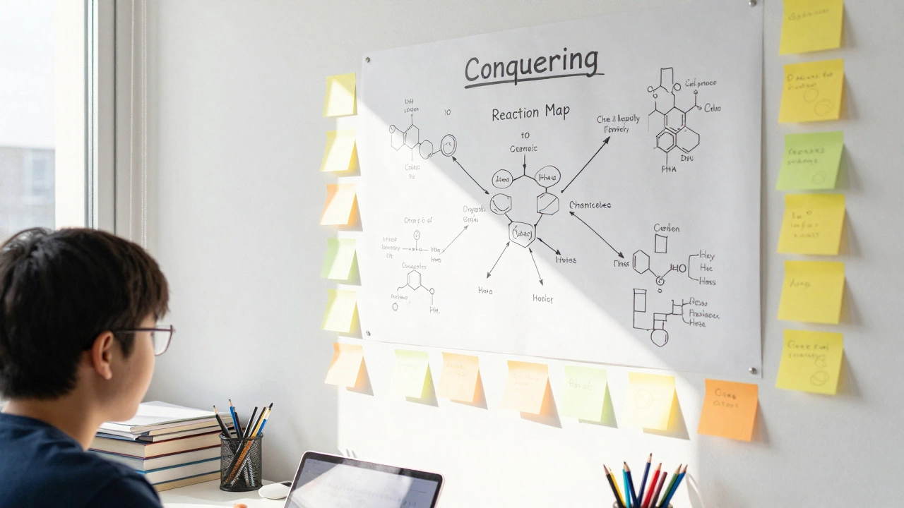 A bright study wall filled with colorful mind maps and chemical reaction charts.