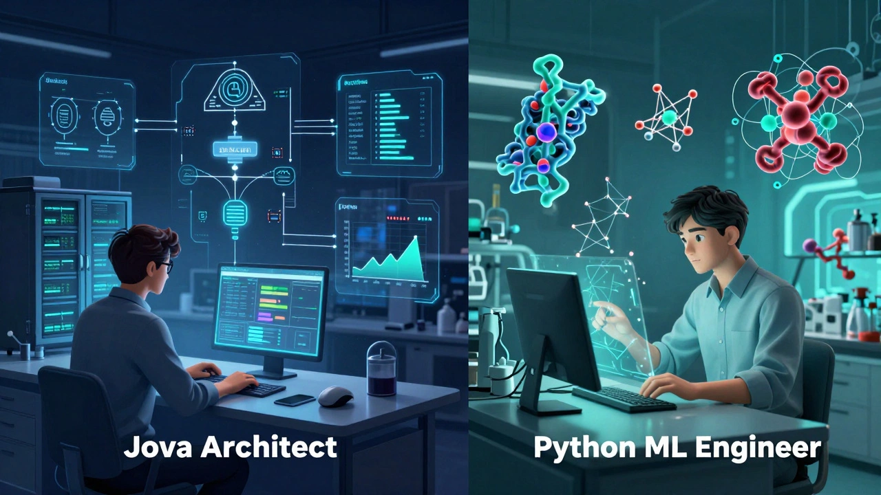 A contrast between a corporate Java architect and a biotech Python ML engineer with holographic data.