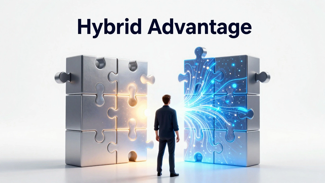 A developer merging a structured metallic puzzle with fluid energy streams to symbolize hybrid skill.