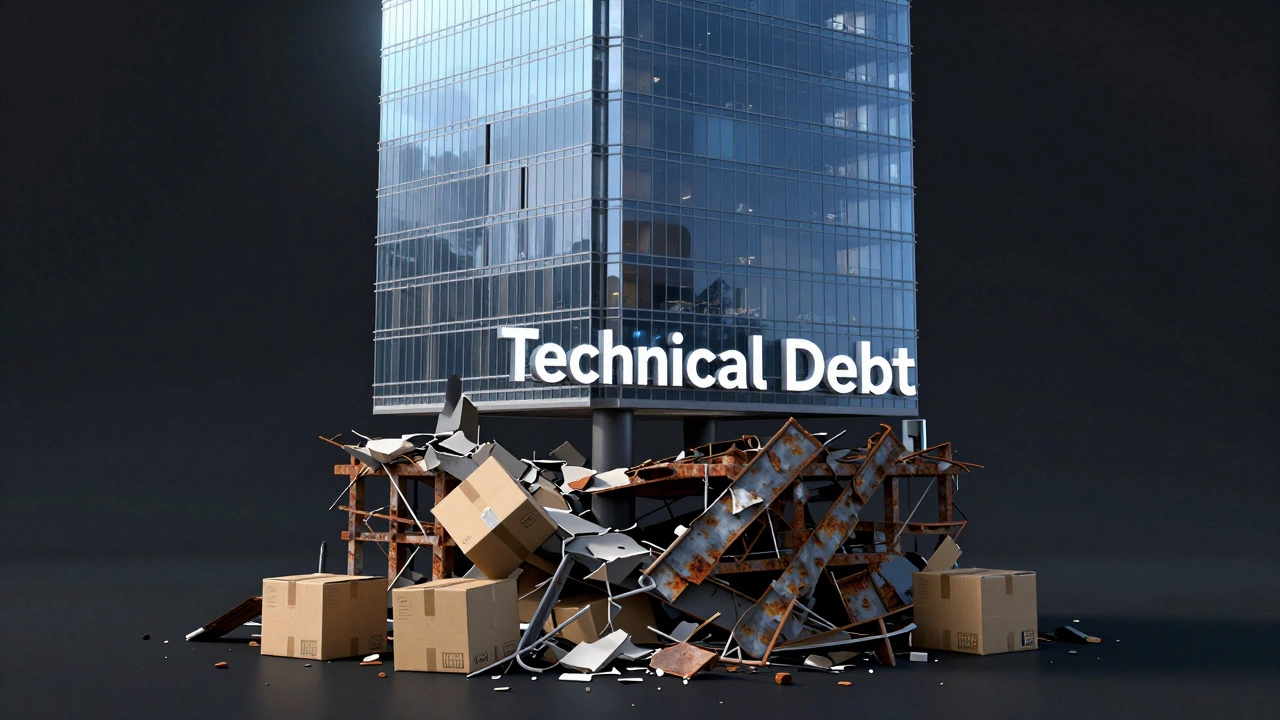 A futuristic building sitting on a fragile cardboard foundation representing technical debt.